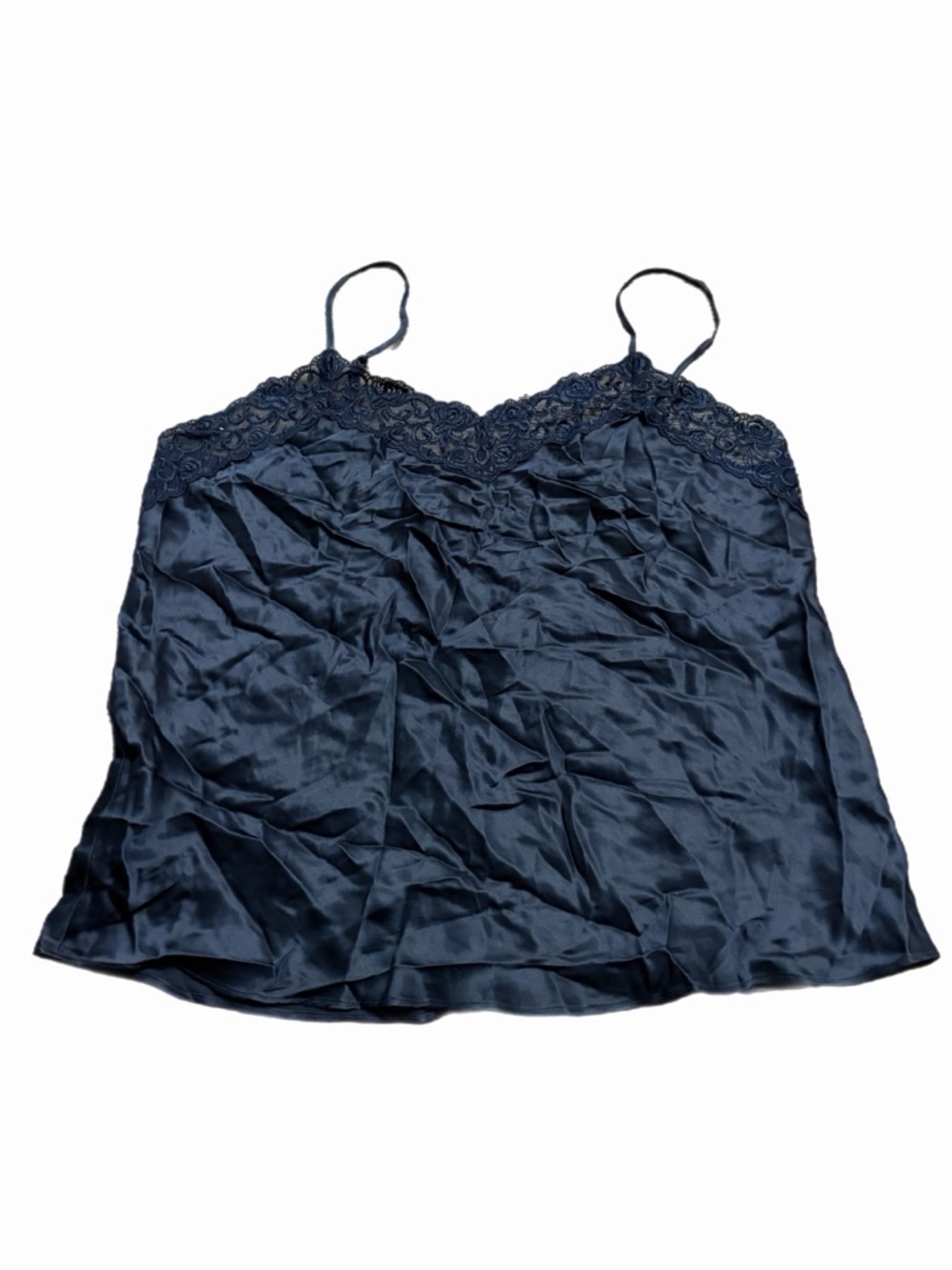 90s European Vintage 100% Silk Lace Embroidered Trim Cami Top (Navy) Size M/L